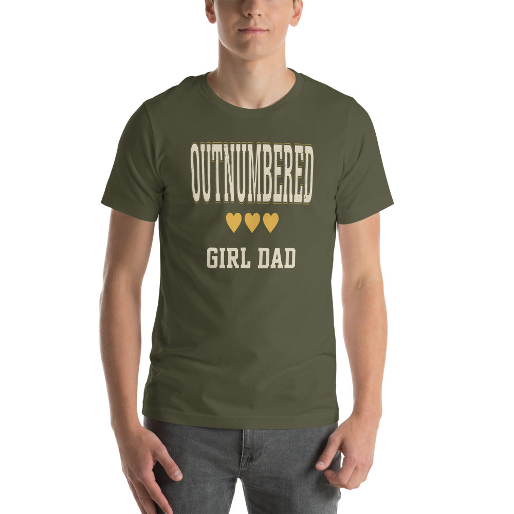 Girl Dad Outnumbered & Proud tee — Military Green, on model