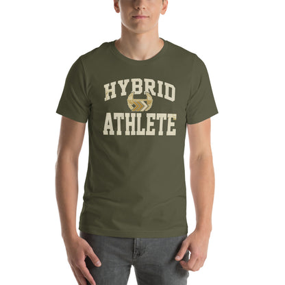 Hybrid Athlete vintage varsity tee — Military Green, on model