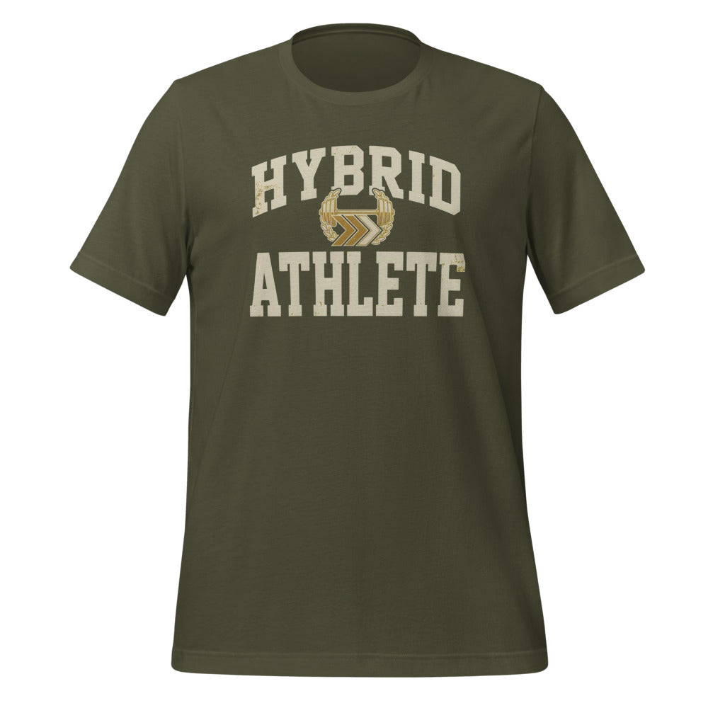 Hybrid Athlete vintage varsity tee — Military Green, front