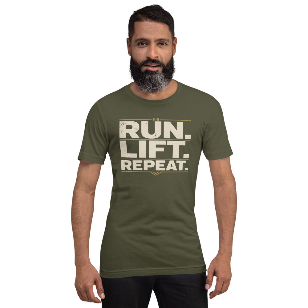 Run Lift Repeat vintage athletic tee — Military Green, on model