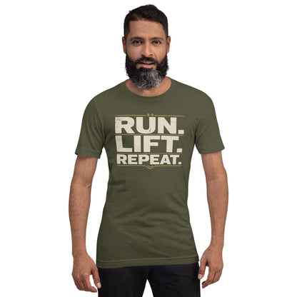 Run Lift Repeat vintage athletic tee — Military Green, on model