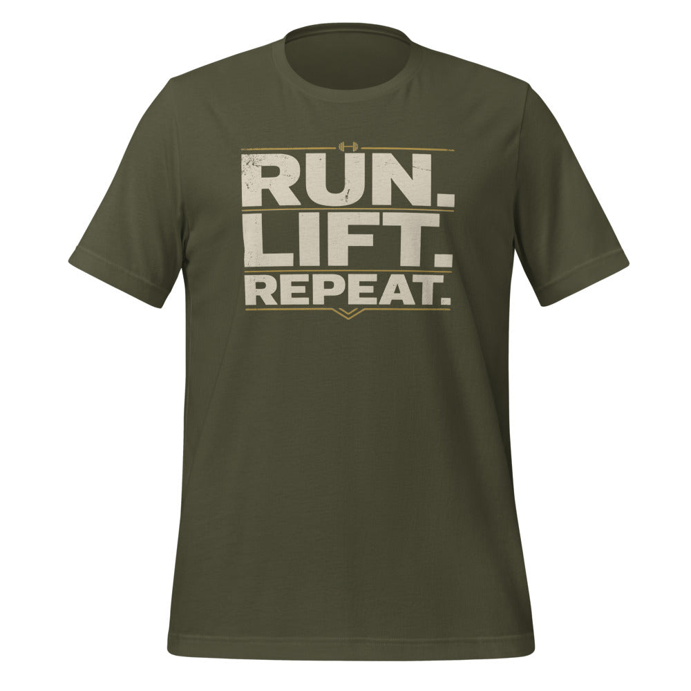 Run Lift Repeat vintage athletic tee — Military Green, front
