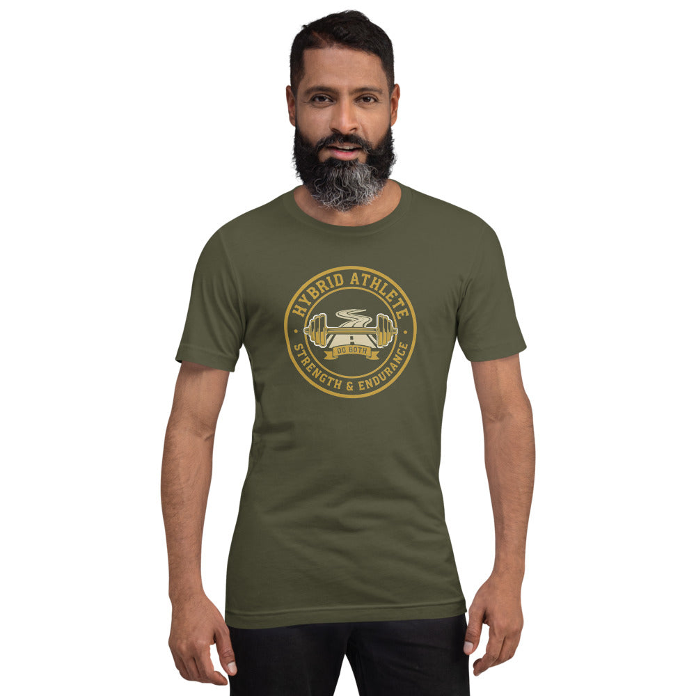 Hybrid Athlete vintage athletic-department crest tee — Military Green, on model