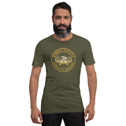 Hybrid Athlete vintage athletic-department crest tee — Military Green, on model