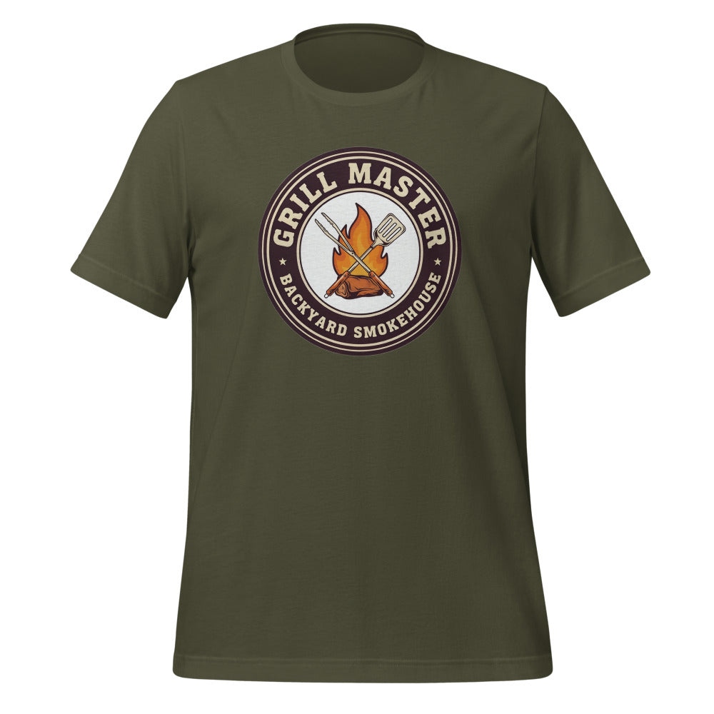 Grill Master retro backyard smokehouse tee — Military Green, front