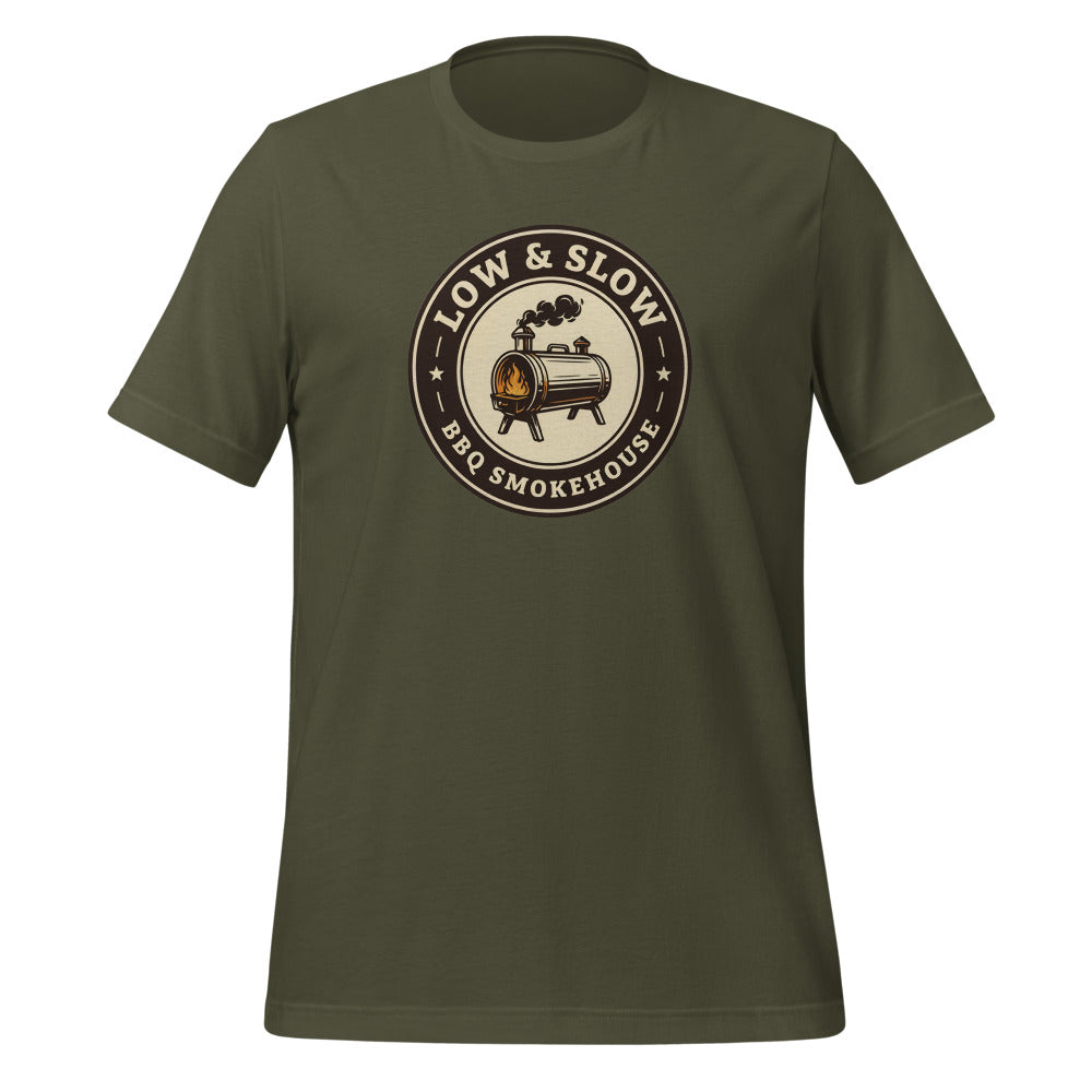 Low & Slow BBQ smoker tee — Military Green, front