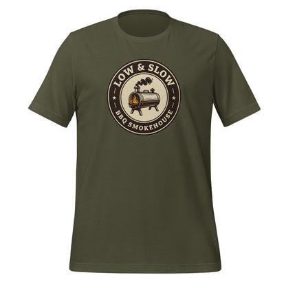 Low & Slow BBQ smoker tee — Military Green, front
