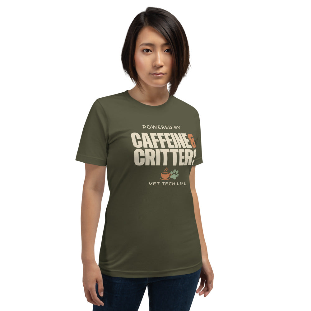 Powered by Caffeine & Critters funny vet tech tee — Military Green, on model