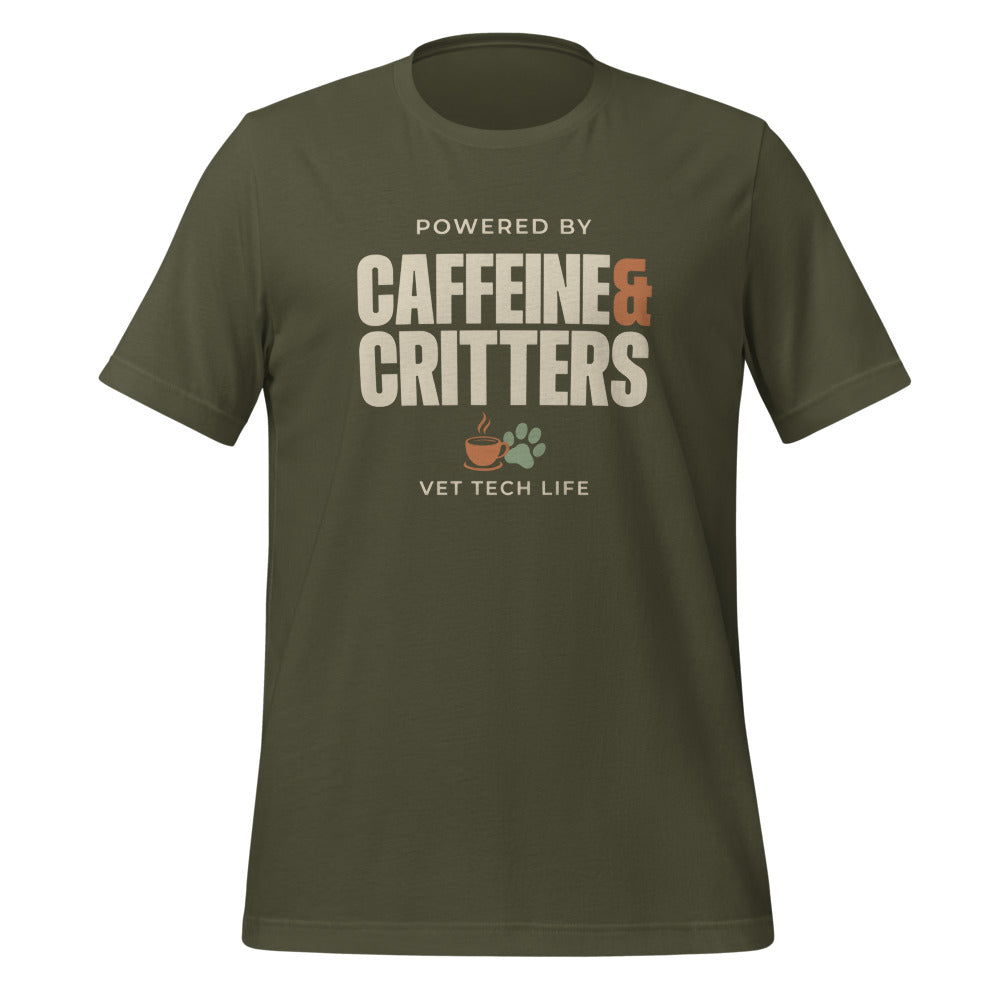 Powered by Caffeine & Critters funny vet tech tee — Military Green, front