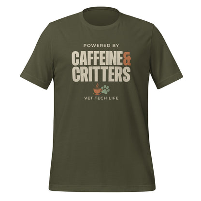 Powered by Caffeine & Critters funny vet tech tee — Military Green, front