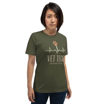 Every Heartbeat Matters minimalist vet tech tee — Military Green, on model