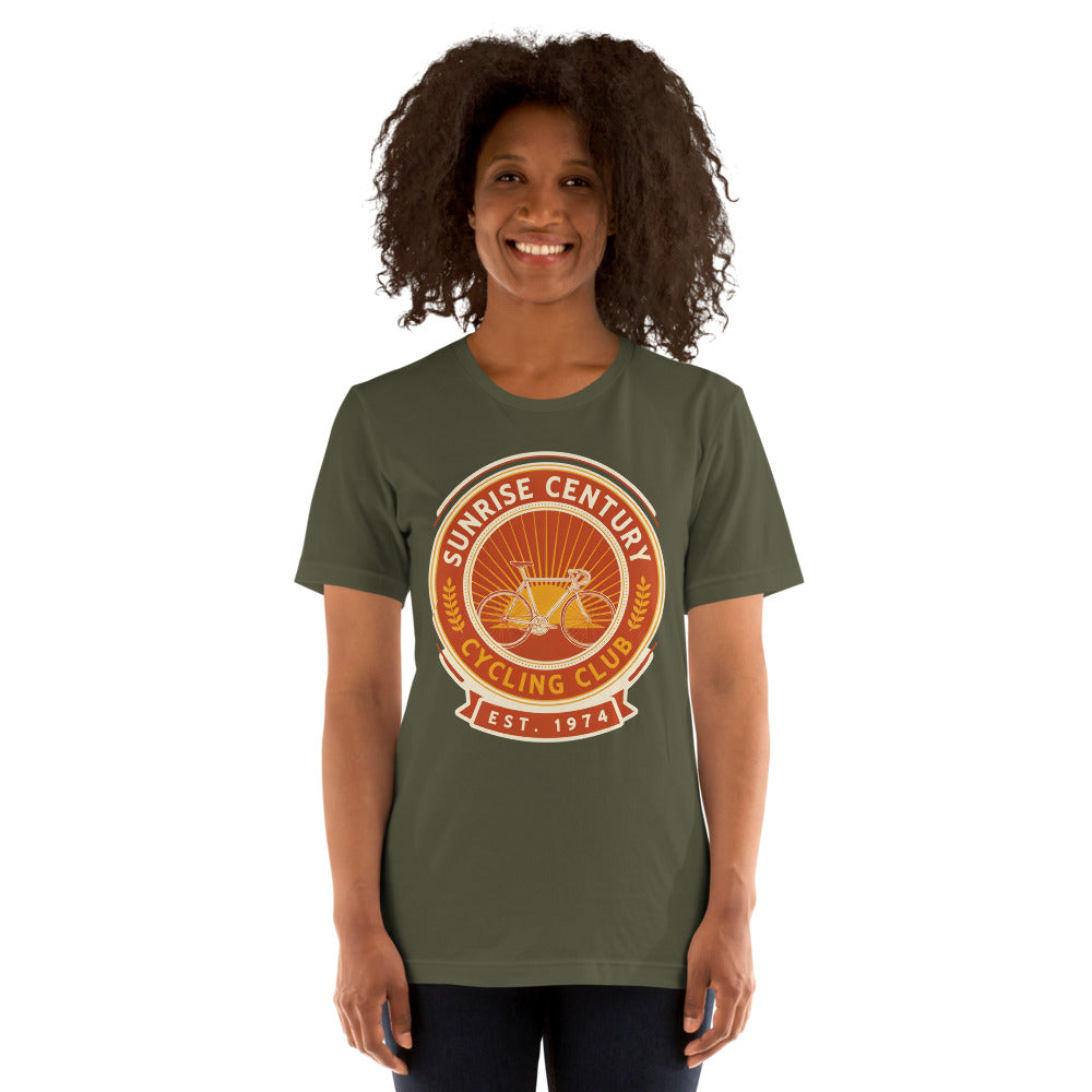 Sunrise Century C.C. retro cycling club badge t-shirt — Military Green, on model