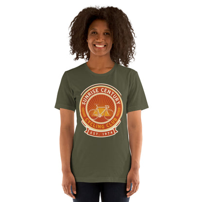 Sunrise Century C.C. retro cycling club badge t-shirt — Military Green, on model