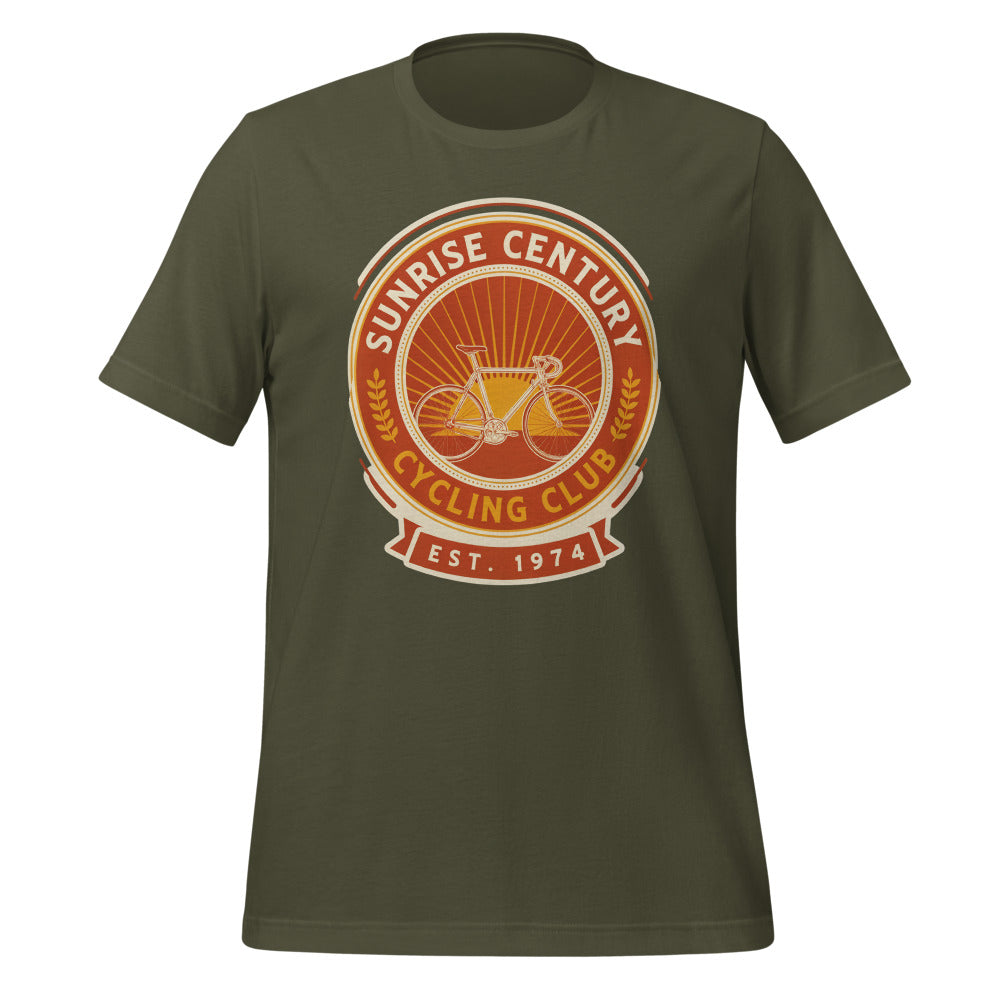 Sunrise Century C.C. retro cycling club badge t-shirt — Military Green, front