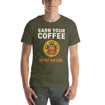 Earn Your Coffee retro cycling coffee t-shirt — Military Green, on model