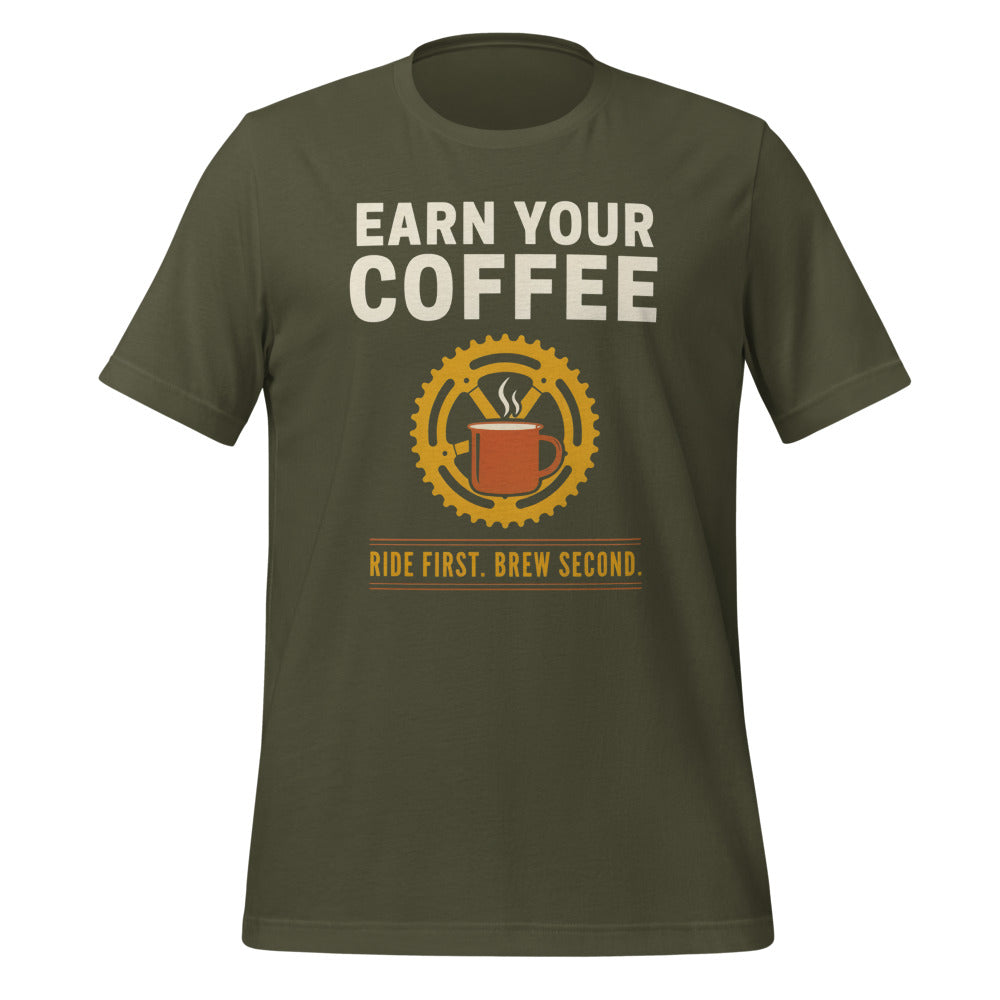 Earn Your Coffee retro cycling coffee t-shirt — Military Green, front
