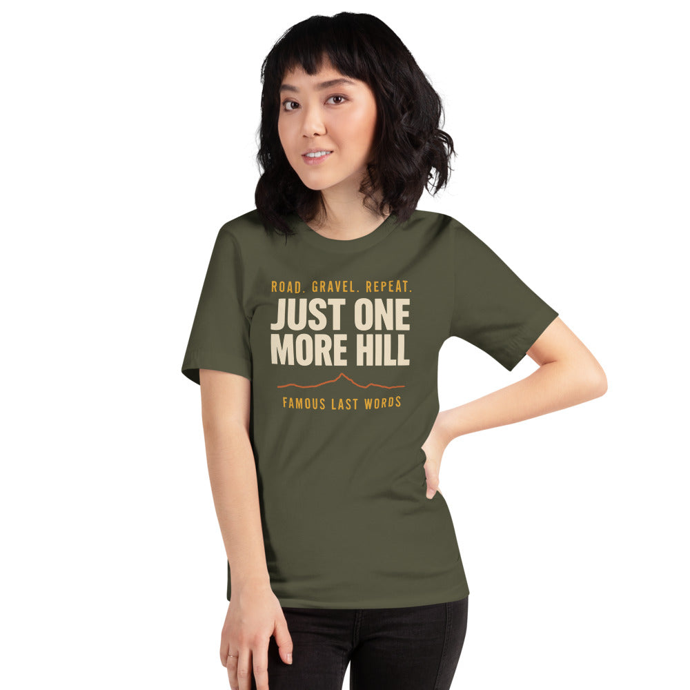 Just One More Hill retro cycling climb t-shirt — Military Green, on model