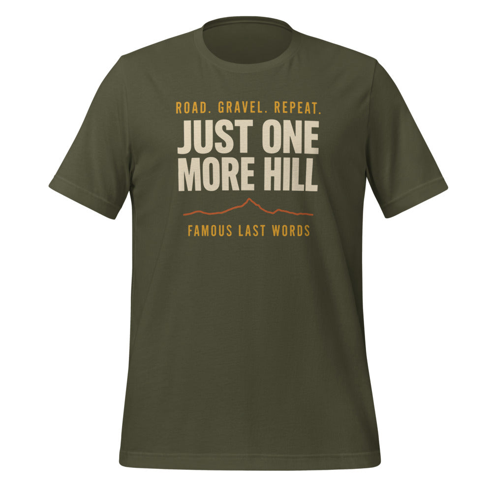 Just One More Hill retro cycling climb t-shirt — Military Green, front