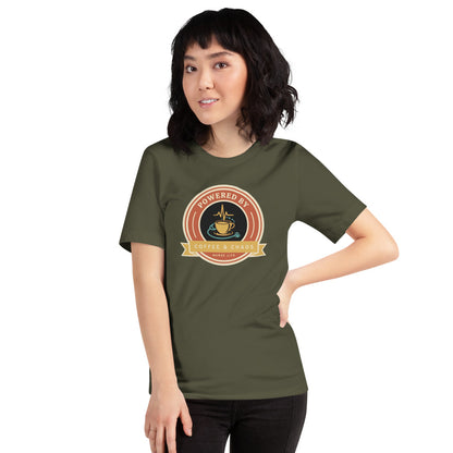 Powered by Coffee & Chaos retro nurse badge tee — Military Green, on model