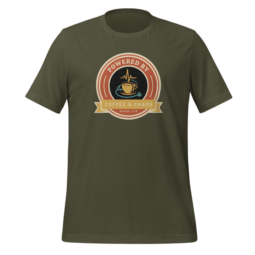 Powered by Coffee & Chaos retro nurse badge tee — Military Green, front