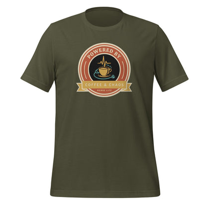 Powered by Coffee & Chaos retro nurse badge tee — Military Green, front