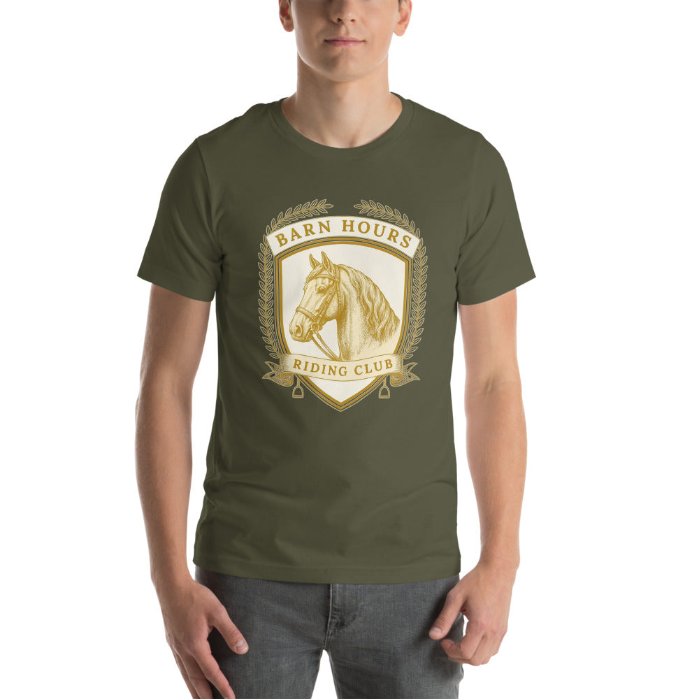 Barn Hours Riding Club vintage equestrian stable crest t-shirt — Military Green, on model