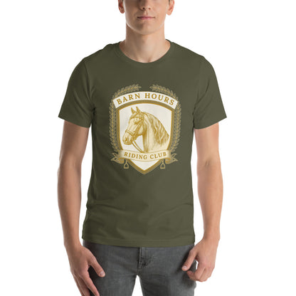 Barn Hours Riding Club vintage equestrian stable crest t-shirt — Military Green, on model