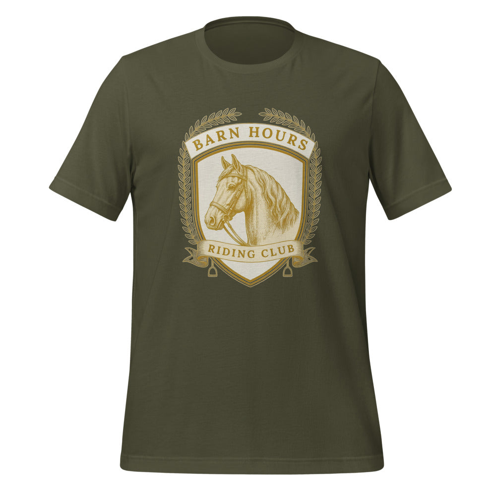 Barn Hours Riding Club vintage equestrian stable crest t-shirt — Military Green, front