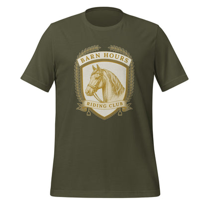 Barn Hours Riding Club vintage equestrian stable crest t-shirt — Military Green, front