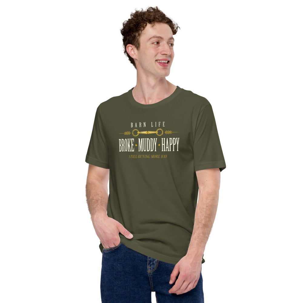 Broke Muddy Happy funny barn life equestrian t-shirt — Military Green, on model