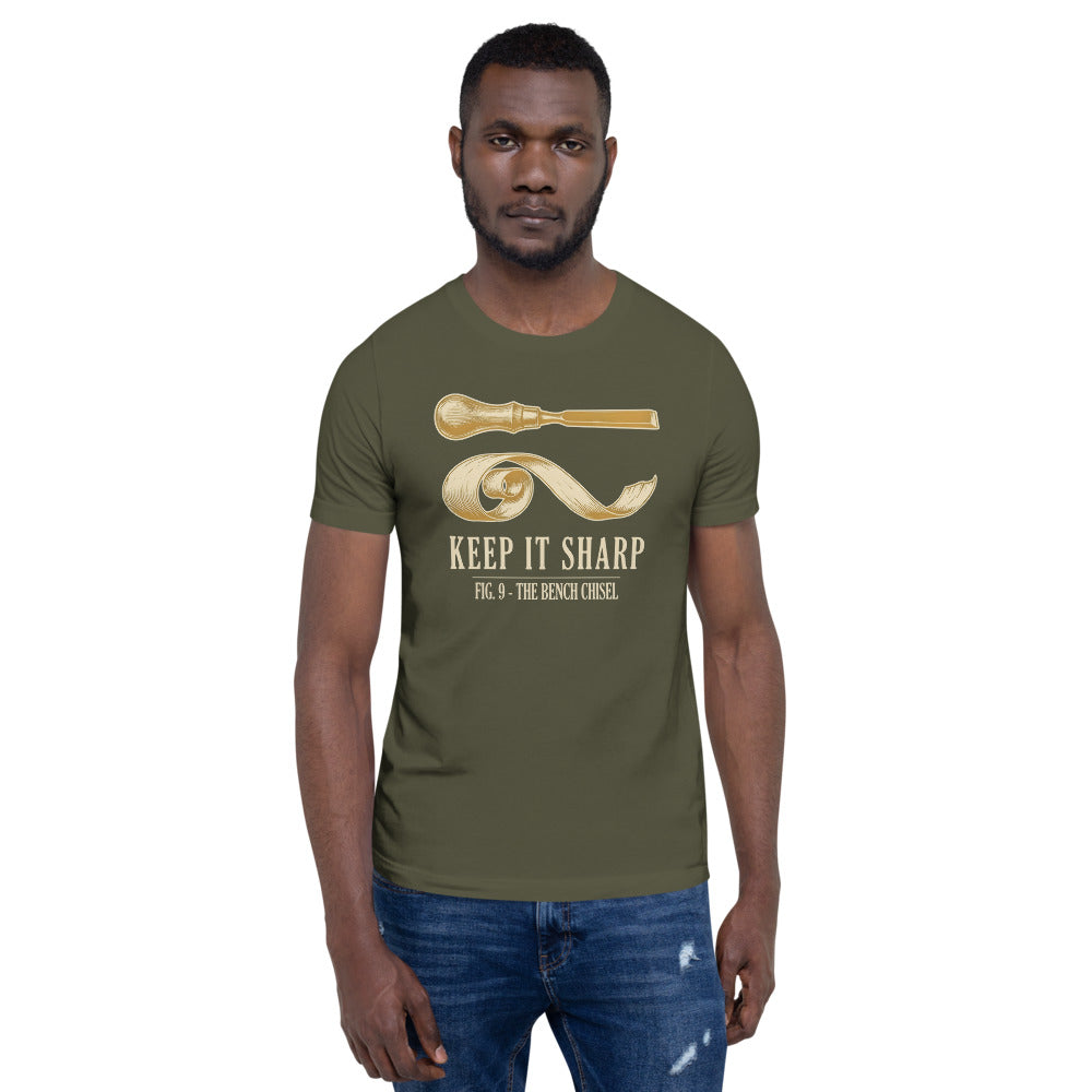 Keep It Sharp woodworking tee — Military Green, on model