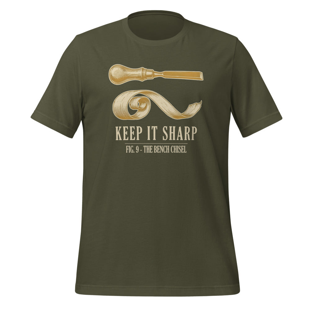 Keep It Sharp woodworking tee — Military Green, front