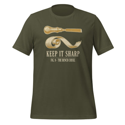 Keep It Sharp woodworking tee — Military Green, front