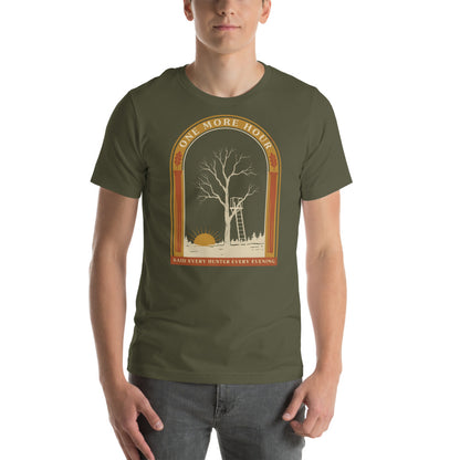 One More Hour funny deer hunting tee — Military Green, on model
