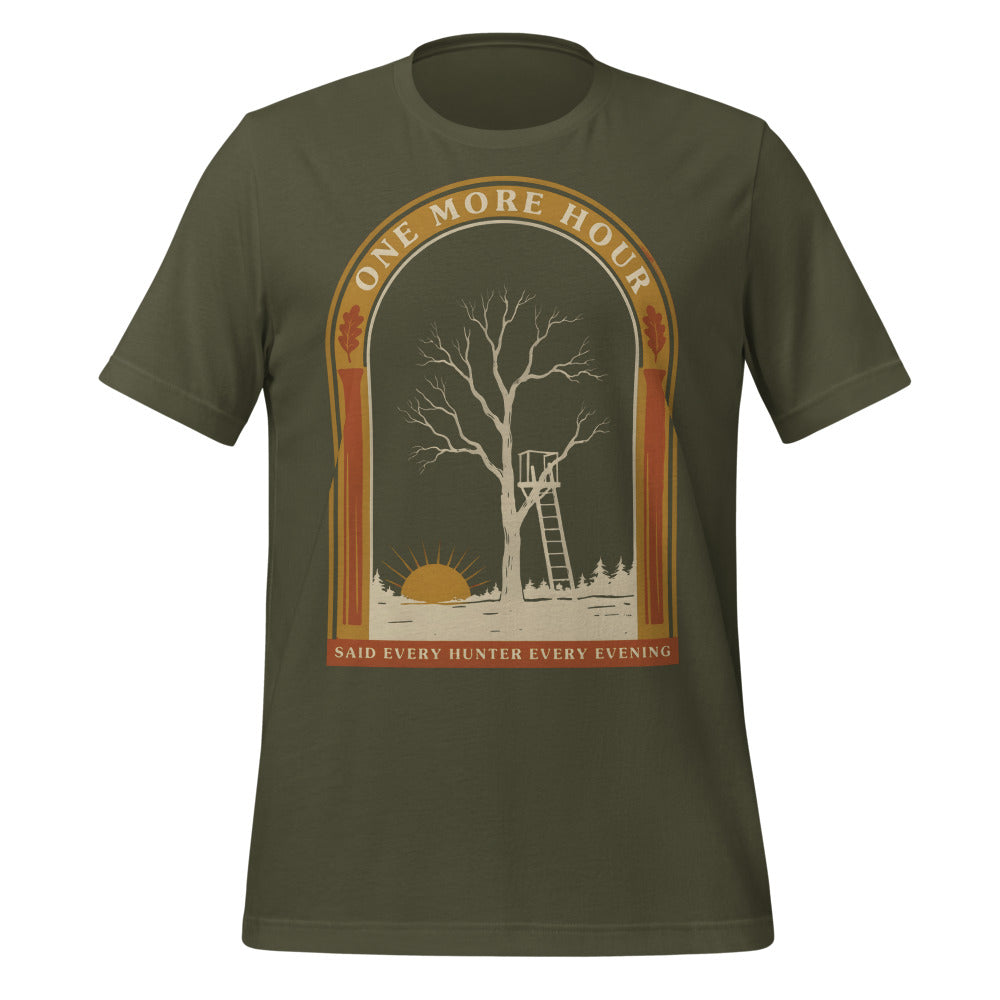 One More Hour funny deer hunting tee — Military Green, front