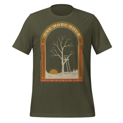 One More Hour funny deer hunting tee — Military Green, front