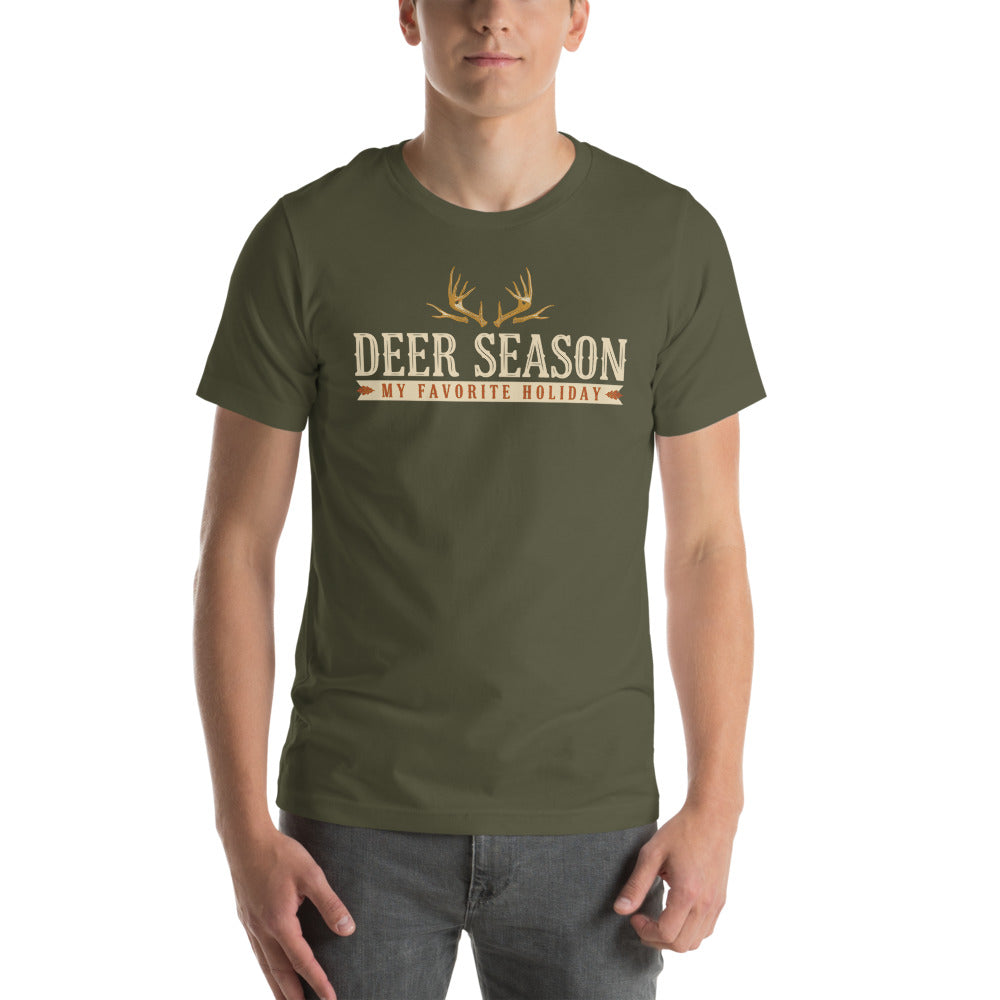 Deer Season My Favorite Holiday deer hunting tee — Military Green, on model
