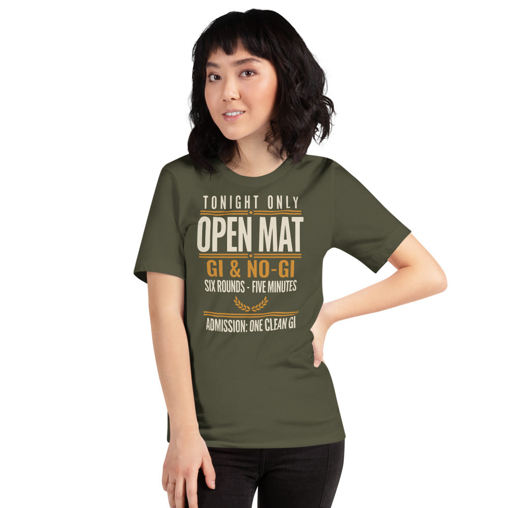Open Mat Tonight Brazilian jiu jitsu t-shirt — Military Green, on model