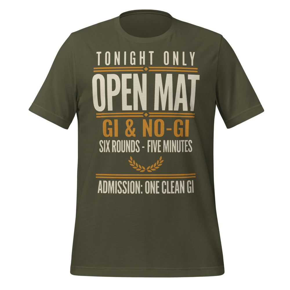 Open Mat Tonight Brazilian jiu jitsu t-shirt — Military Green, front