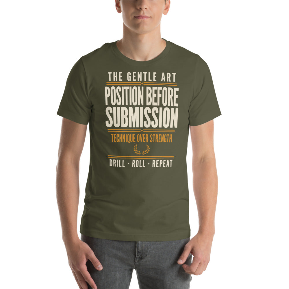 Position Before Submission Brazilian jiu jitsu t-shirt — Military Green, on model