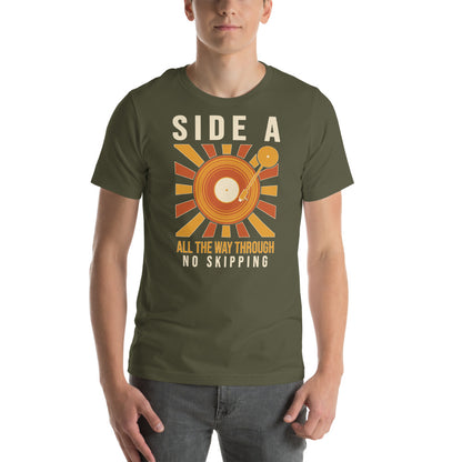 Side A No Skipping vinyl record tee — Military Green, on model