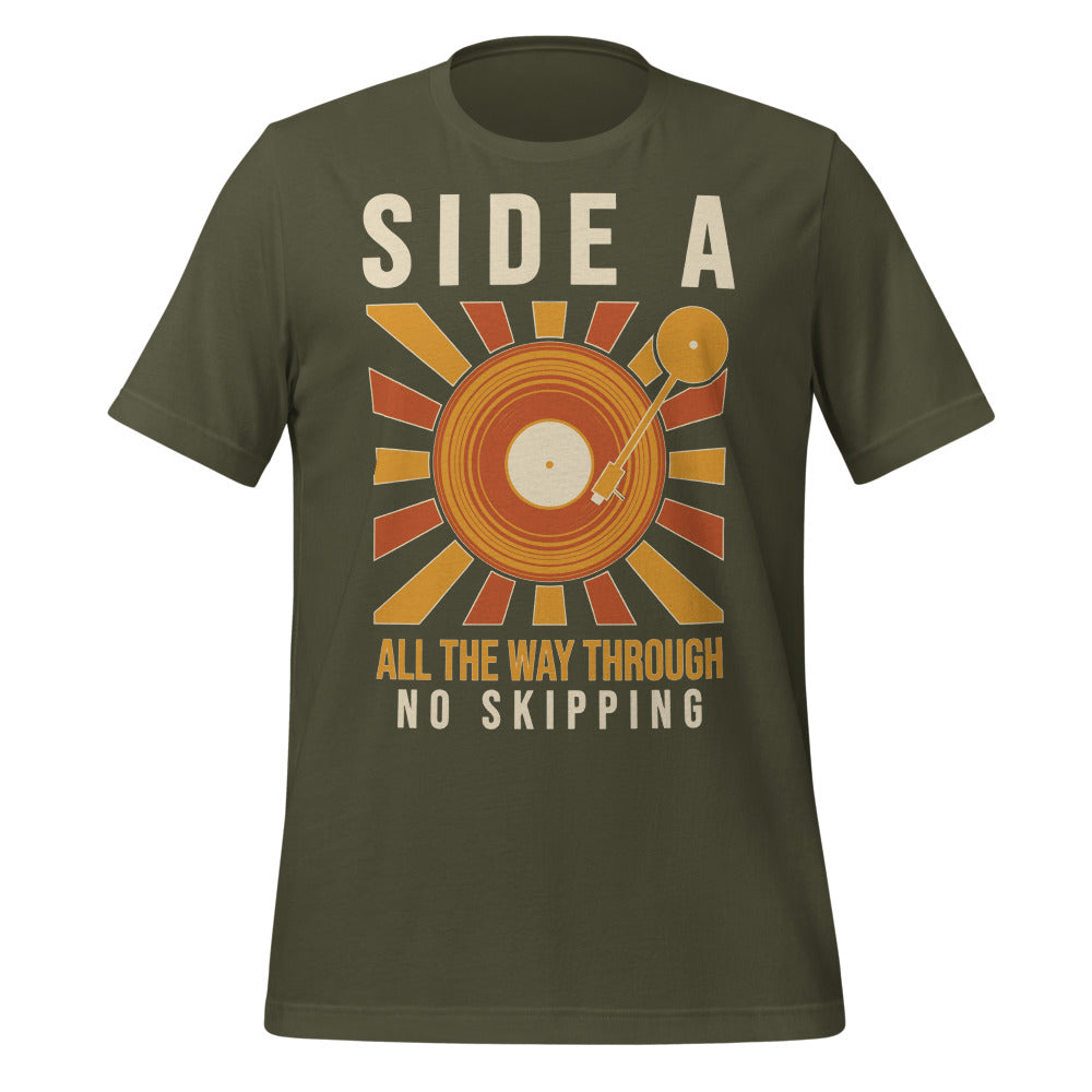 Side A No Skipping vinyl record tee — Military Green, front