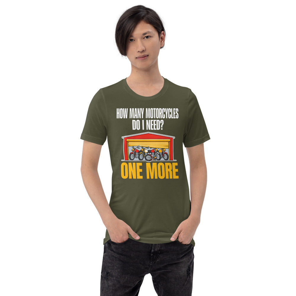 One More funny motorcycle tee — Military Green, on model