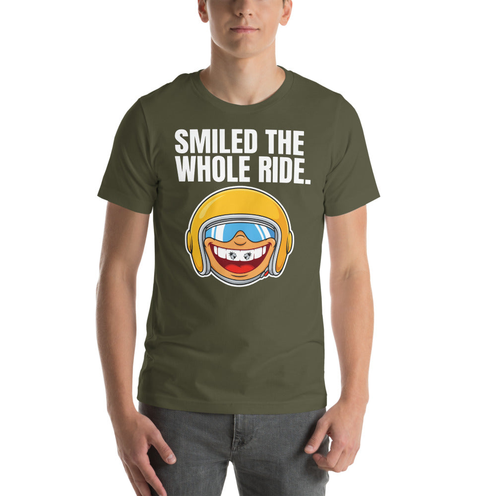 Smiled The Whole Ride funny motorcycle tee — Military Green, on model