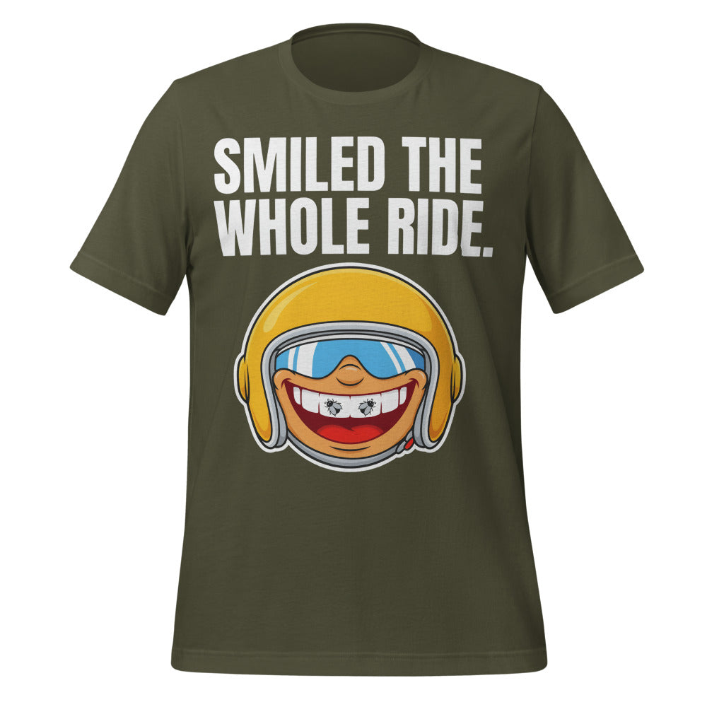 Smiled The Whole Ride funny motorcycle tee — Military Green, front