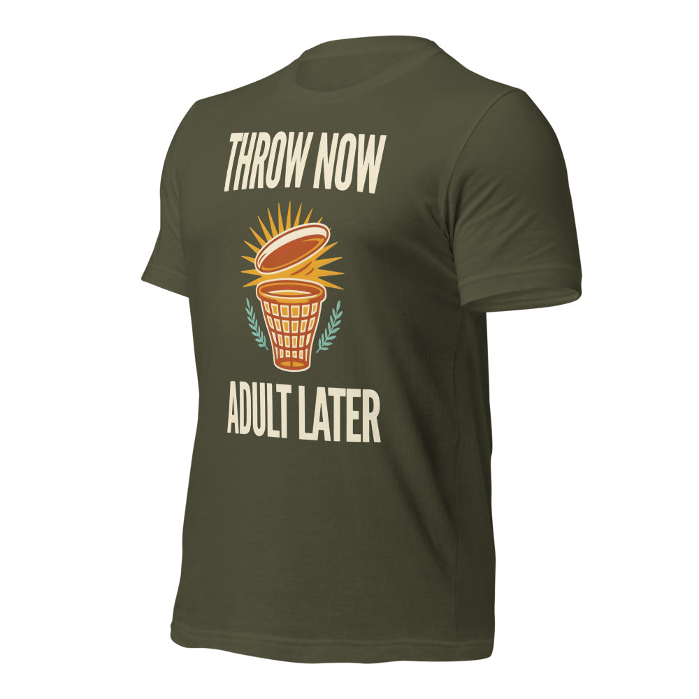 Funny disc golf shirt, Throw Now Adult Later disc golf retro tee — Military Green, front-right