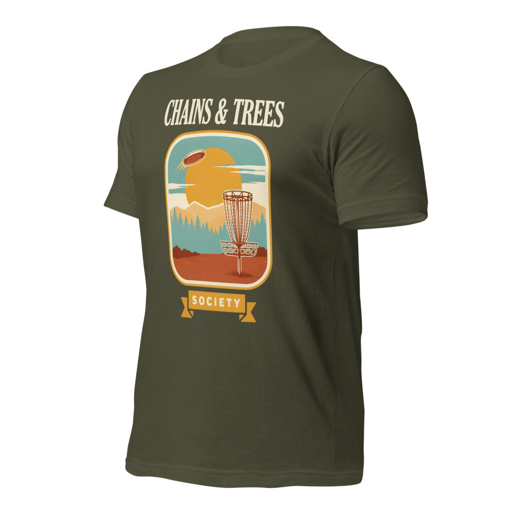 Chains & Trees Society disc golf retro landscape tee — Military Green, front right