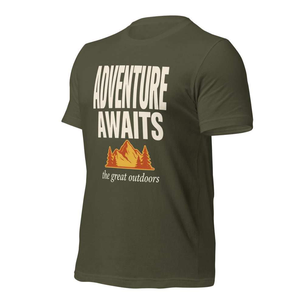 Adventure Awaits retro outdoors typography tee — Military Green, front right