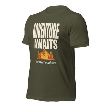 Adventure Awaits retro outdoors typography tee — Military Green, front right