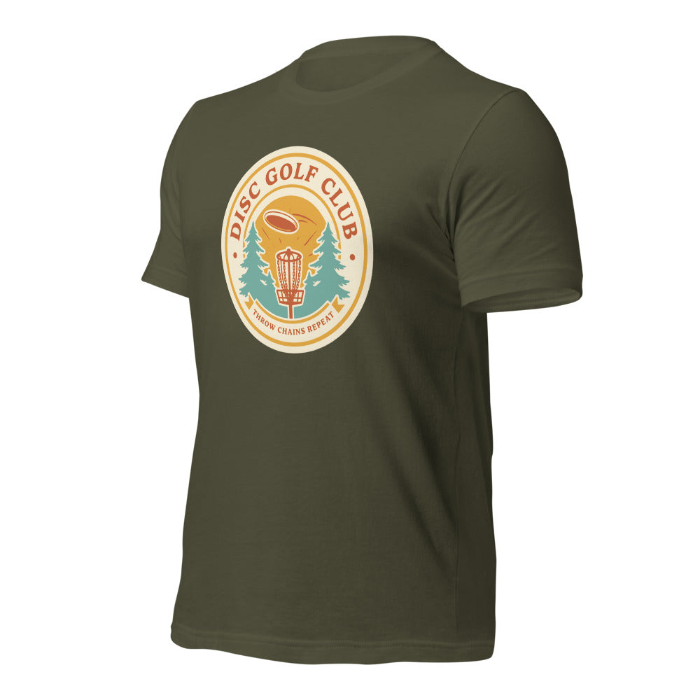 Disc Golf Club retro badge tee — Military Green, front-right
